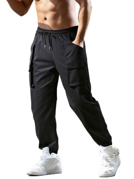 

men flap pocket drawstring waist cargo pants y76f#, Black