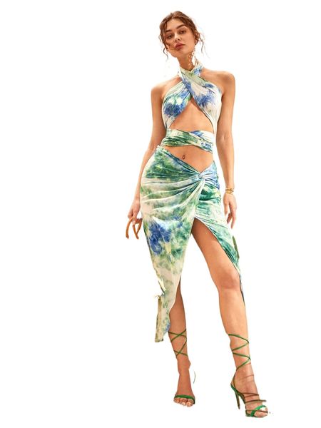 

twist tie dye split thigh skirt v3ou#, Black