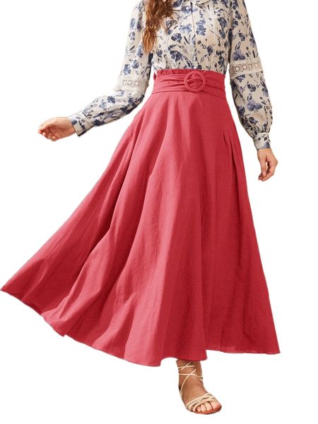 

solid belted flare skirt 71ux#, Black