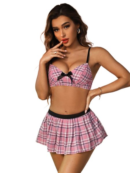

tartan print bow detail lingerie set y16s#, Black;red