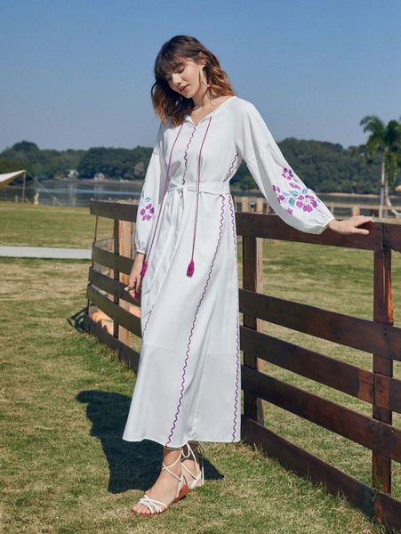 

floral print tassel tie neck belted dress n6lu#, Black;gray