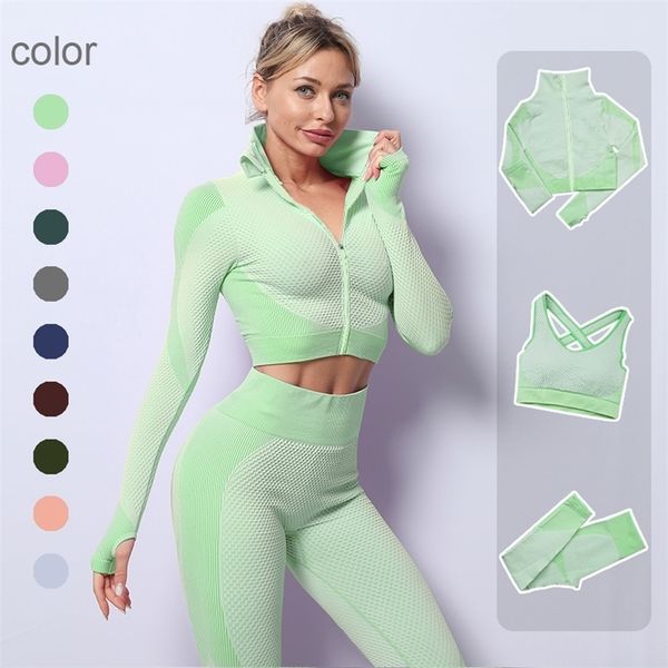 2/3PCS Seamles Yoga Set Workout Sportswear Gym Clothing Fitness Long Sleeve Crop Top High Waist Leggings Sports Suits 220326