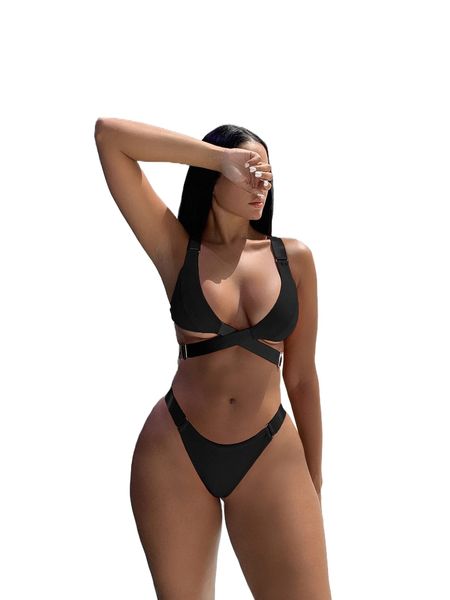 

solid criss cross bikini swimsuit z3rr#, White;black