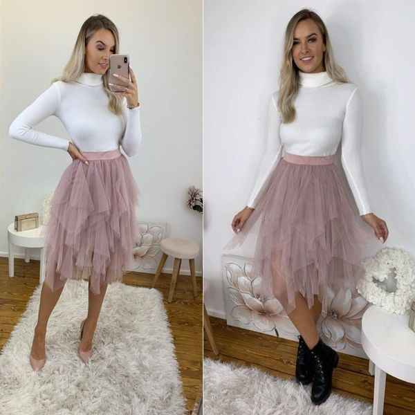 Röcke modische staubige rosa Rüschen asymmetrische Midi Tüll Frauen Reißverschluss abgestufter Knielänge Tutu -Rock Custom Madeskirts