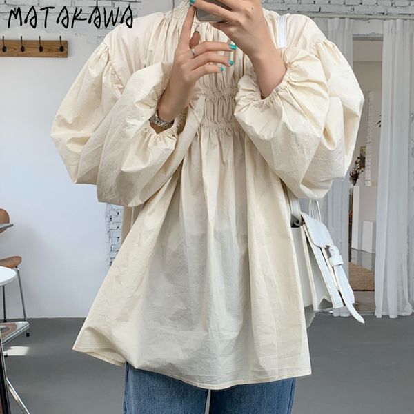 

korea chic retro apricot blusas round neck heavy fold women blouses loose puff sleeve peter pan collar shirt female 210506, White