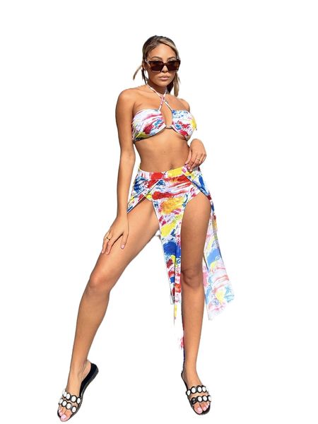 

allover print halter bikini swimsuit with beach skirt z84o#, White;black
