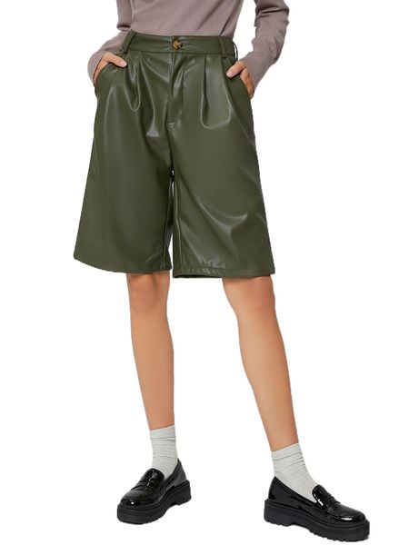 

solid plicated pu leather shorts w9ot#, White;black