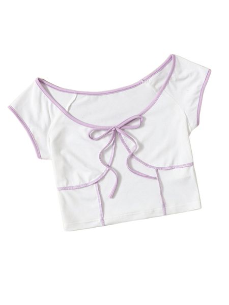 

contrast binding scoop neck tie front titching crop tee g14a#, White