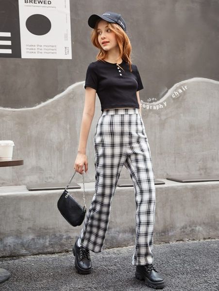 

teen girls half button tee & plaid pants set she, White