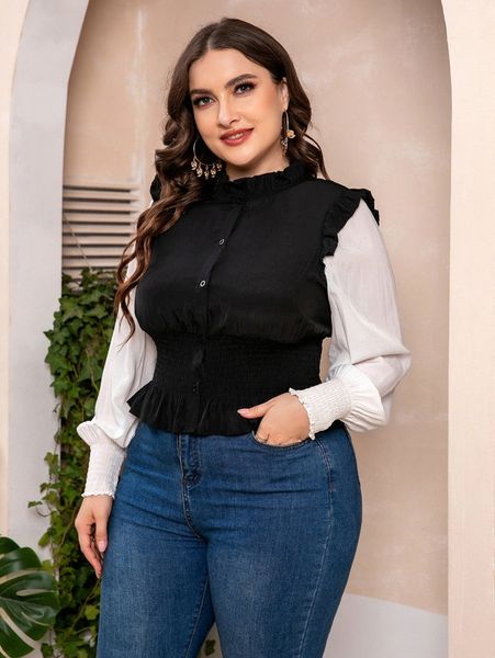 

plus shirred frill trim lantern sleeve 2 in 1 blouse k0sz#, Black
