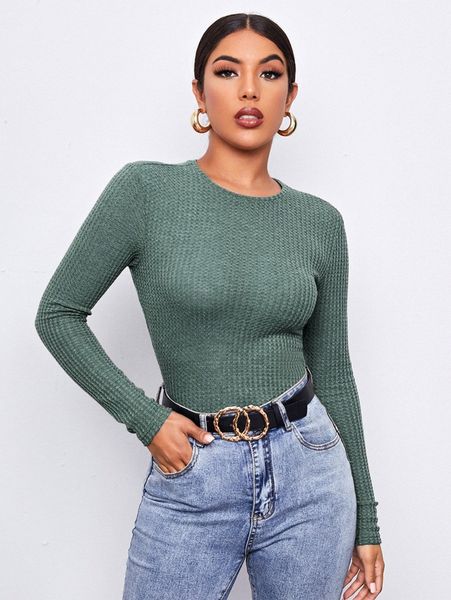 

round neck rib-knit solid tee f6c3#, White