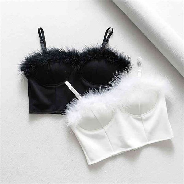 

women faux fur patchwork crop v neck sleeveless back zipper camisole tank short style female fashion 210401, White
