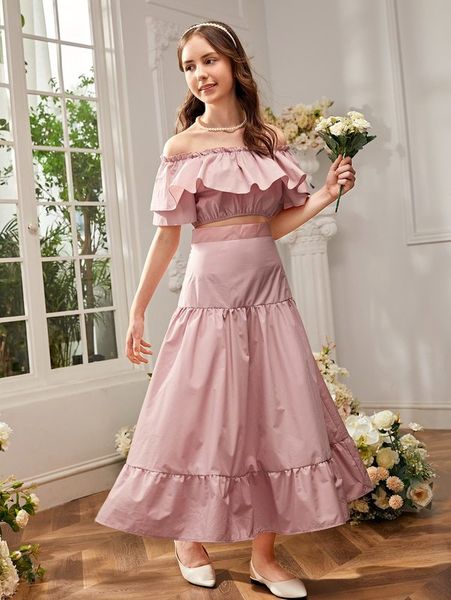 

teen girls ruffle trim bardot & flounce hem skirt set she, White