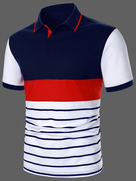 

men color block striped print polo shirt 267d#, White;black