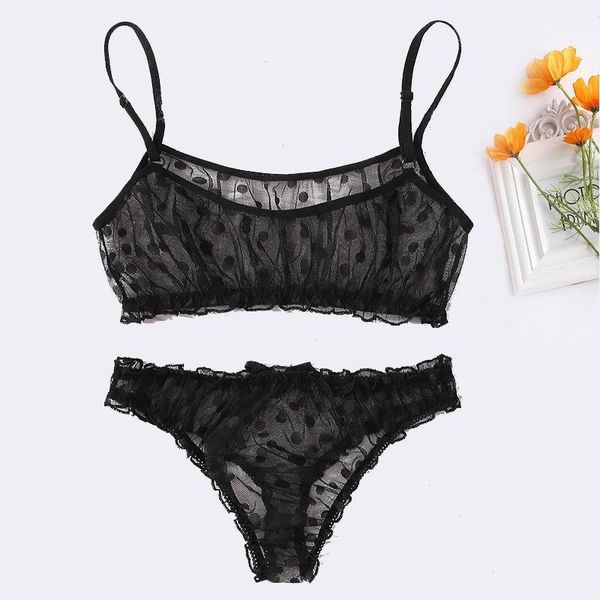 

ladies bra sets polka dot mesh lingerie comfortable thin and panty set ruffles transparent womens underwear, Red;black