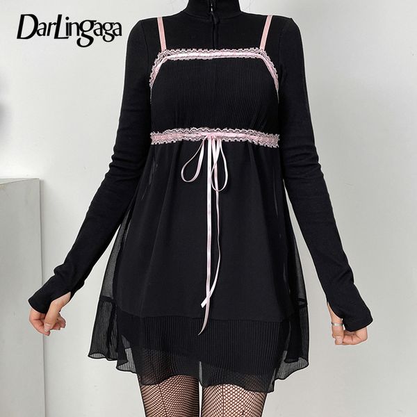 

y2k lace patchwork mall gothic grunge strap mesh dress female chic bow a-line summer dress transparent outfits, Black;gray
