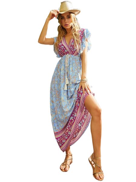 

luukse floral print butterfly sleeve tassel tie dress k3b9#, Black;gray