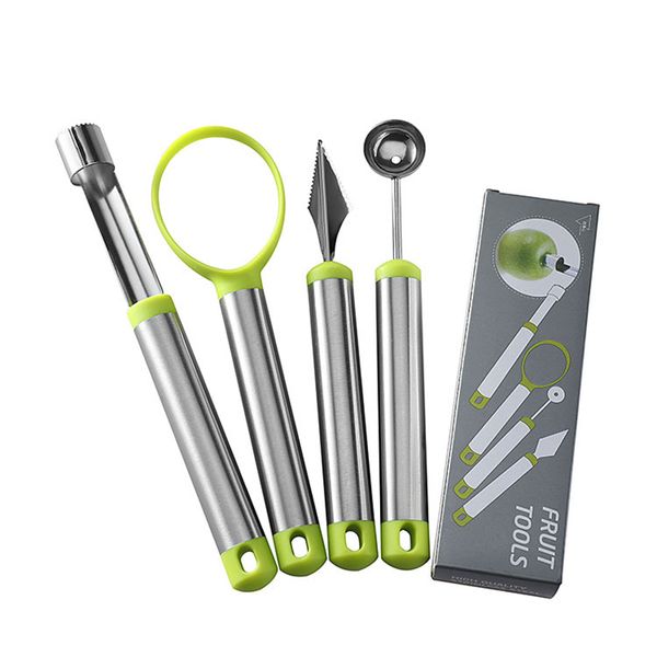 Pacote 4 Pacote Kit de faca de ferramentas de escultura de frutas Menina de melancia mortadora de aço inoxidável Corer de frutas para sorvete Melon Scoop Plate