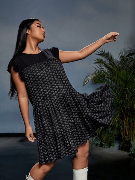 

x lanodo plus paper boat print ruffle sleeve smock dress a2j5#, Black