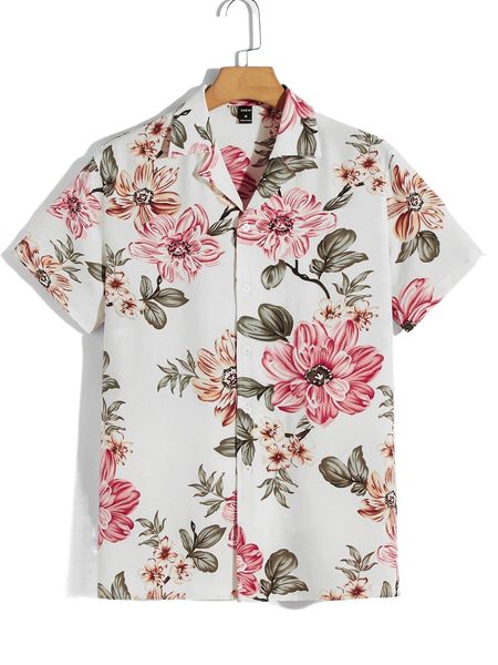 

men floral print button front shirt 35aj#, White;black
