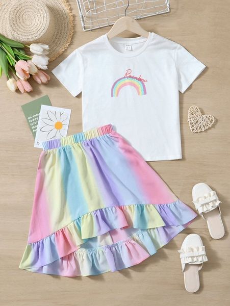 

girls rainbow & letter graphic tee & ruffle hem skirt she, White