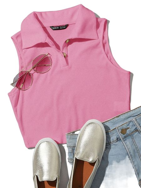 

ribbed half-button placket cropped tank 03ht#, White