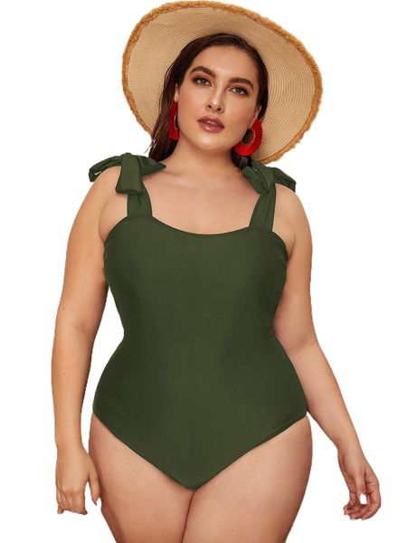 

plus plain tie shoulder one piece swimsuit d0m4#, White;black