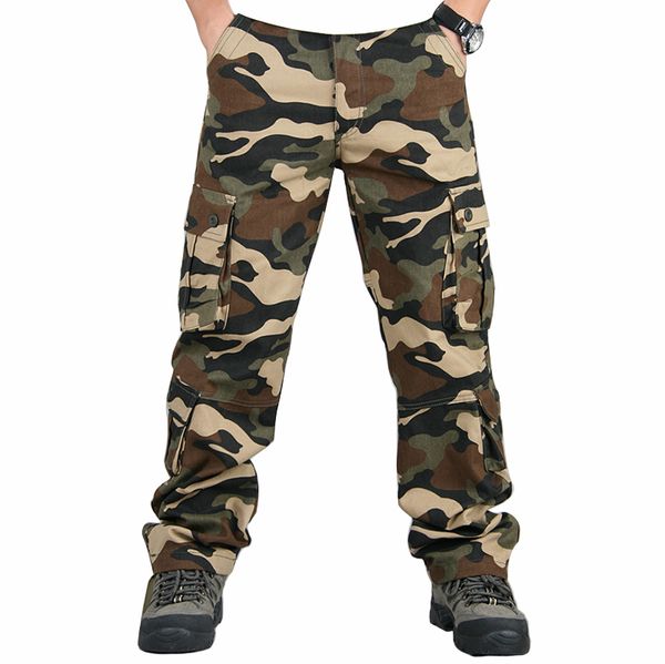 

men relaxed fit cargo pants multi pocket military camouflage combat work trousers, Black