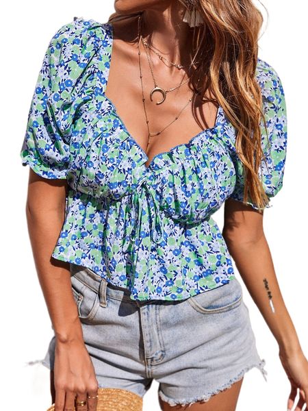 

ditsy floral puff sleeve frilled sweetheart neck tie front blouse 41ki#, White