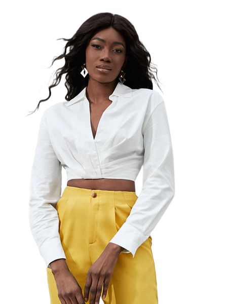 

solid ruched detail crop blouse w7hb#, White