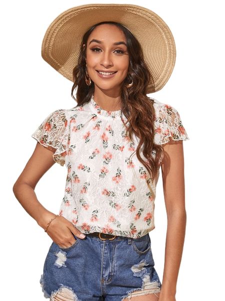 

mock neck butterfly sleeve floral lace x71a#, White