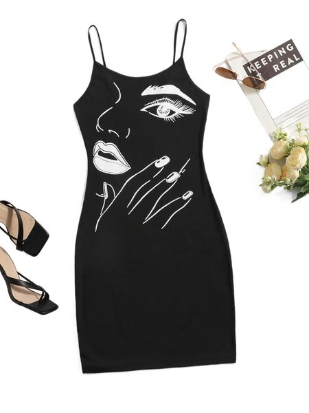 

plus figure print cami dress k0f1#, Black