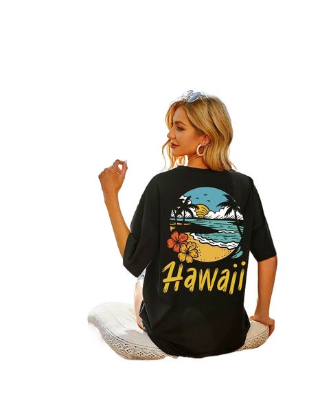 

coconut tree & letter graphic drop shoulder tee u7tt#, White