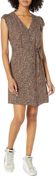 

women's fluid twill tulip sleeve tie-waist dress k0gl#, Black;gray