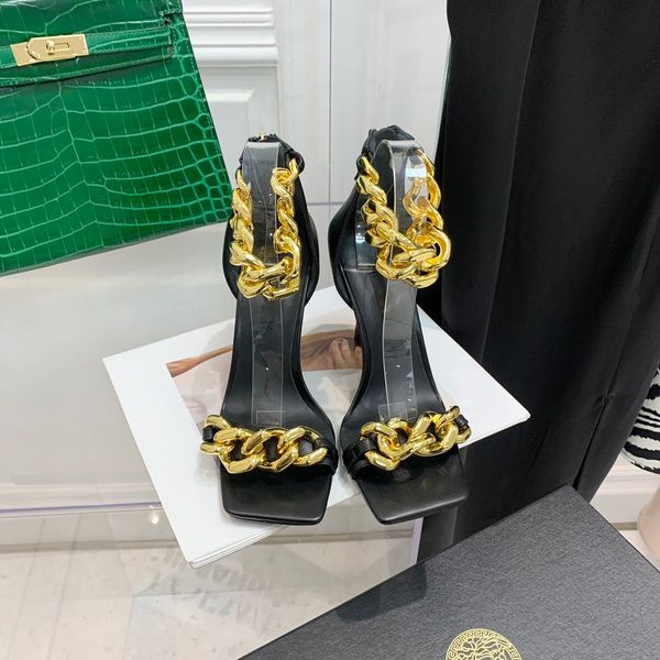 

designer shoes woman medusa chain sheepskin leather sandals elegant high-heeled sandals soft sheepskin gold chain