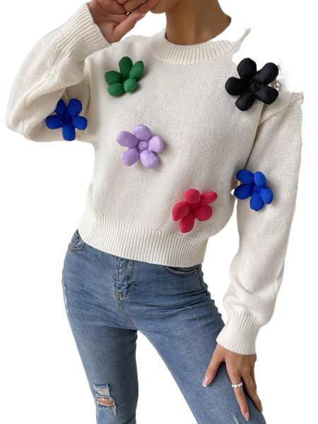 

applique drop shoulder sweater p7qr#, White;black