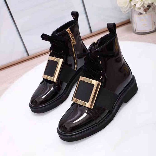 

boots autumn and winter liu wen's same women's shoes flat bottomed square buckle short boots fashion round head patent leather, Black