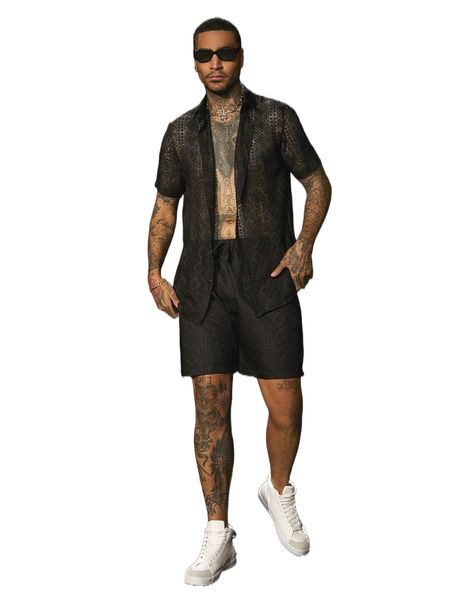 

men geo print lace shirt & shorts 19i8#, Gray