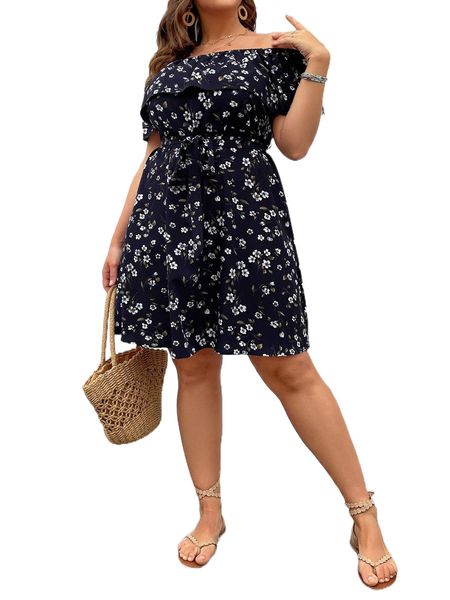 

plus allover floral print off shoulder ruffle trim belted dress p4p4#, Black