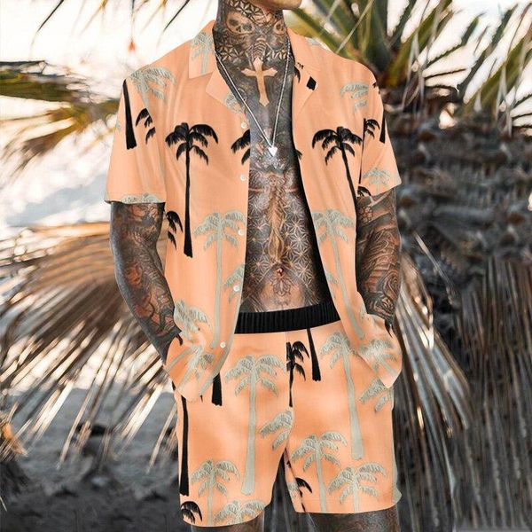 

tracksuits trend men hawaiian sets summer feather printing short sleeve button shirt beach aa, Gray