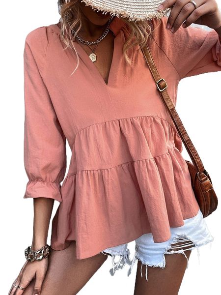 

flounce sleeve notched neck peplum blouse h9m3#, White