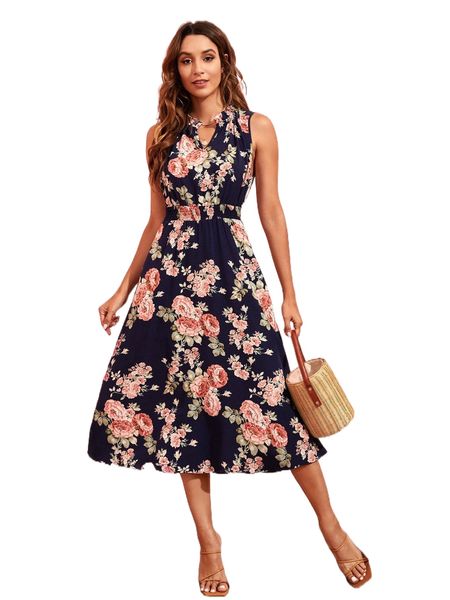 

floral print notched neck shirred waist dress c3eu#, Black;gray