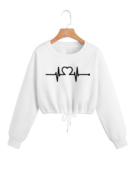 

heart graphic drawstring thermal lined crop sweatshirt m30k#, Black