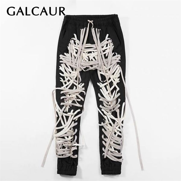 

galcaur patchwork bandage pant for women high waist lace up pockets plus size hit color harem pants female fashion 201228, Black;white