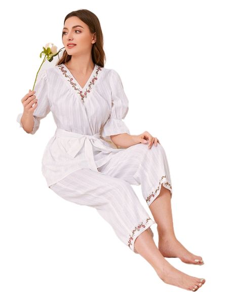 

floral embroidery flounce sleeve belted pj set k4ct#, Black;red