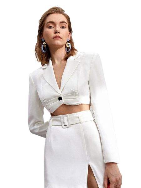 

notched collar ruched buttoned crop blazer g2dr#, White