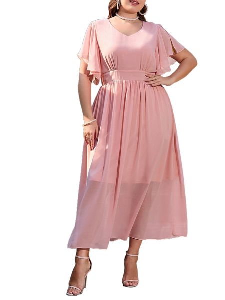 

plus solid butterfly sleeve zip back dress x6aj#, Black