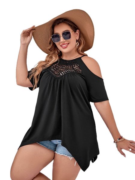 

plus guipure lace panel cold shoulder hanky hem tee r1cn#, Black