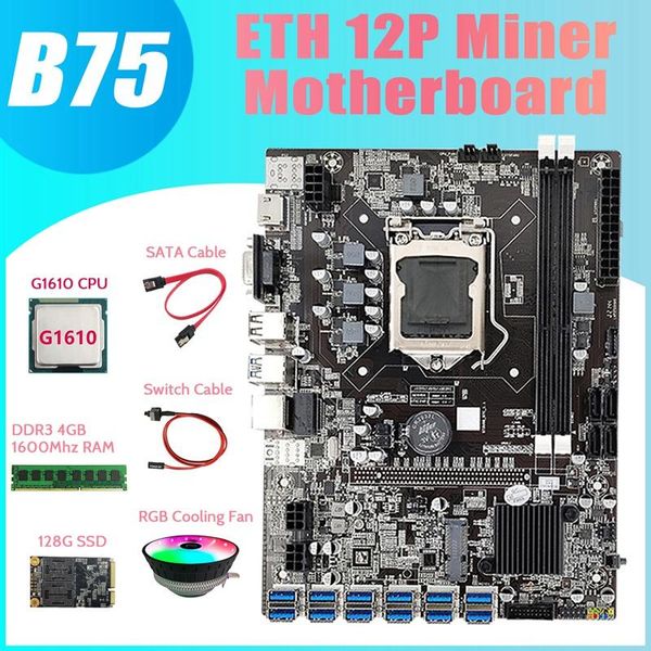Placas -mãe BTC Mining MotherBoard 12 USB G1610 CPU RGB FAN DDR3 4GB 1600MHZ RAM 128G SSD SPORT CABE