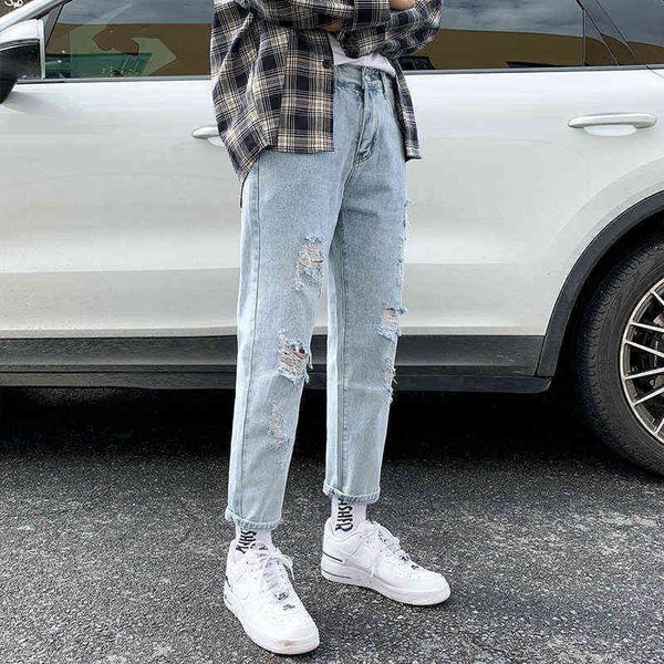 

men jeans summer slim fit jeans for mens streetwear korean designer regular distressed denim homme pants hip hop hole trousers 22 1221, Blue